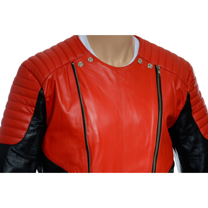Red Black H&M Balmain Collaboration Replica Genuine Leather Motorcycle Biker Jacket
