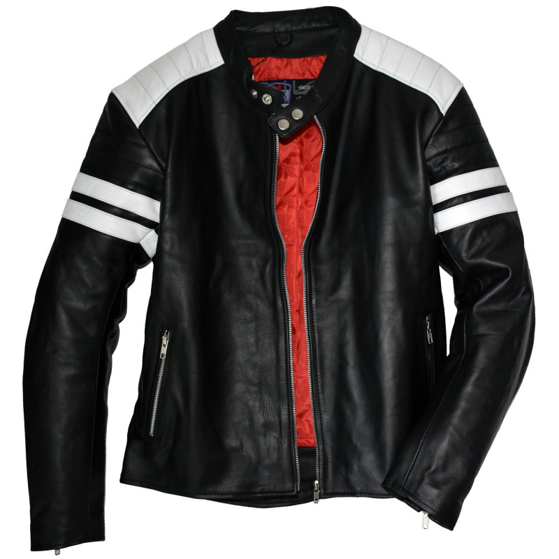 FIGHT CLUB Brad Pitt Black & White Casual Full Leather Biker Jacket
