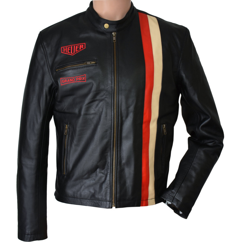 Steve McQueen Heuer Grand Prix Twin Striped Black Full Leather Biker Jacket