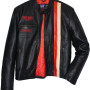 Steve McQueen Heuer Grand Prix Twin Striped Black Full Leather Biker Jacket