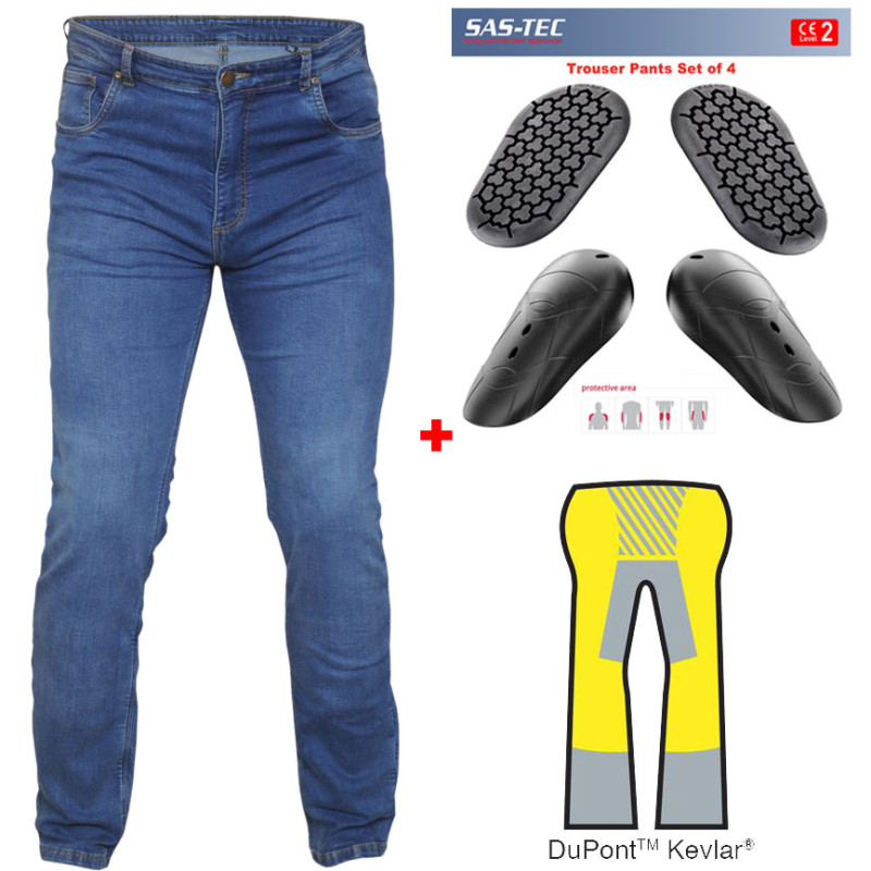 RTX Pro Blue Motorcycle Biker Denim JEANS with SAS-TEC CE Level 2 Armour & Made with Full Leg Length Kevlar® Lining
