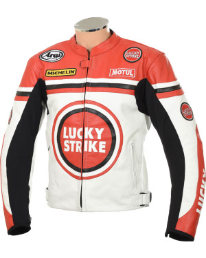 Lucky Strike WHITE & RED Leather Biker Motorcycle Jacket