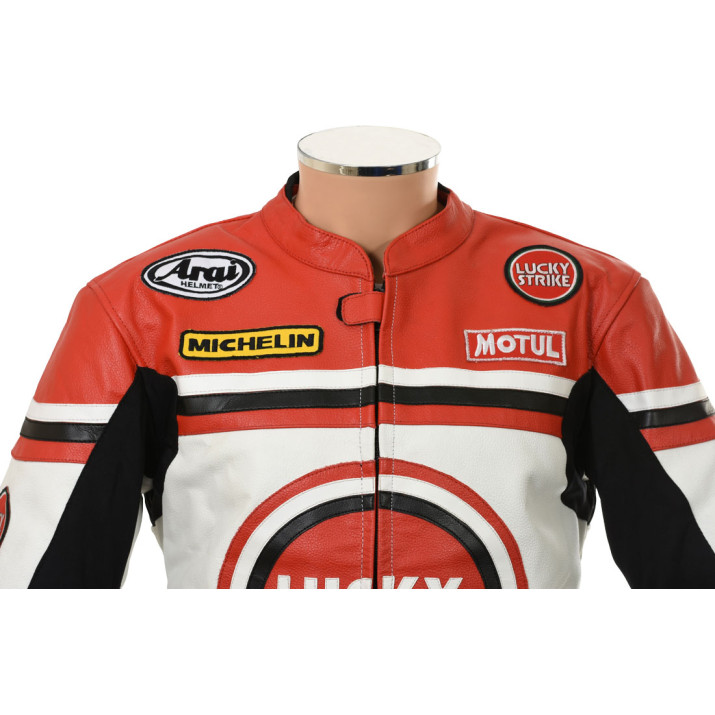 Lucky Strike WHITE & RED Leather Biker Motorcycle Jacket