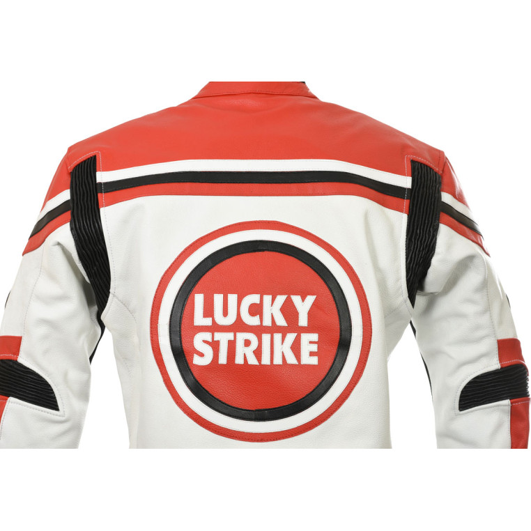 Lucky Strike WHITE & RED Leather Biker Motorcycle Jacket