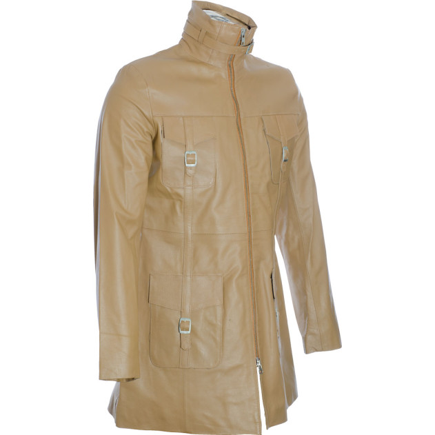 SALE - Ladies Beige Soft Leather Mid Length Coat