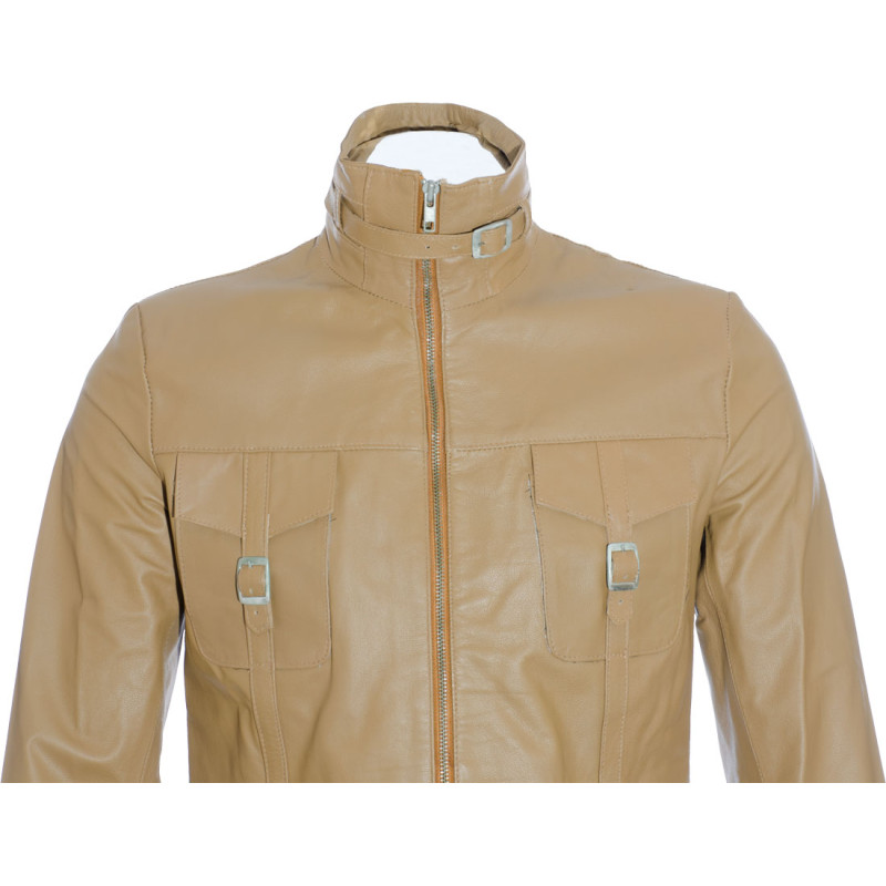 SALE - Ladies Beige Soft Leather Mid Length Coat