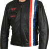 Steve McQueen Heuer Grand Prix Triple Stripe Black Full Leather Biker Jacket