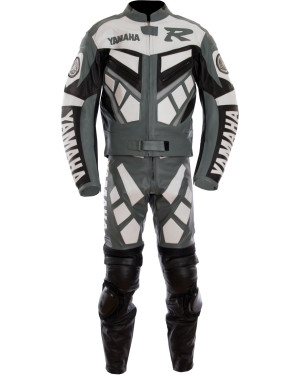 Yamaha R1 Moto Classic Grey Leather Biker Motorcycle Suit 